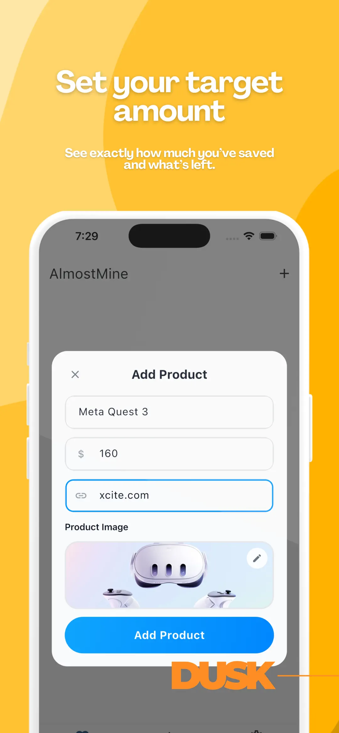 Adding a product by name, target amount, link and image
